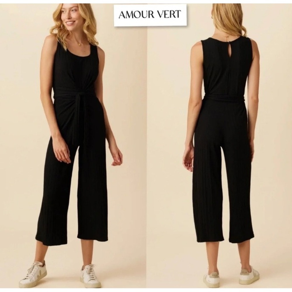 Amour Vert Briar Ribbed Sleeveless Jumpsuit Women's Medium Black Twist Knit